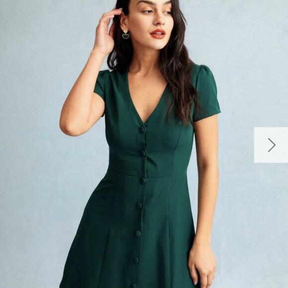 RIOHAS The Dark Green V Neck Button-up Shirt Mini Dress - Picture 5 of 8